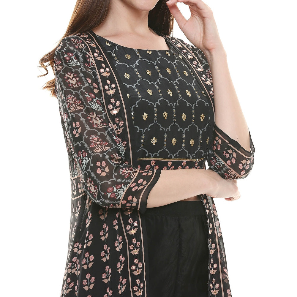 Soup by Sougat Paul Black Embellished Bottom With Crop Top & Jacket (Set of 3)