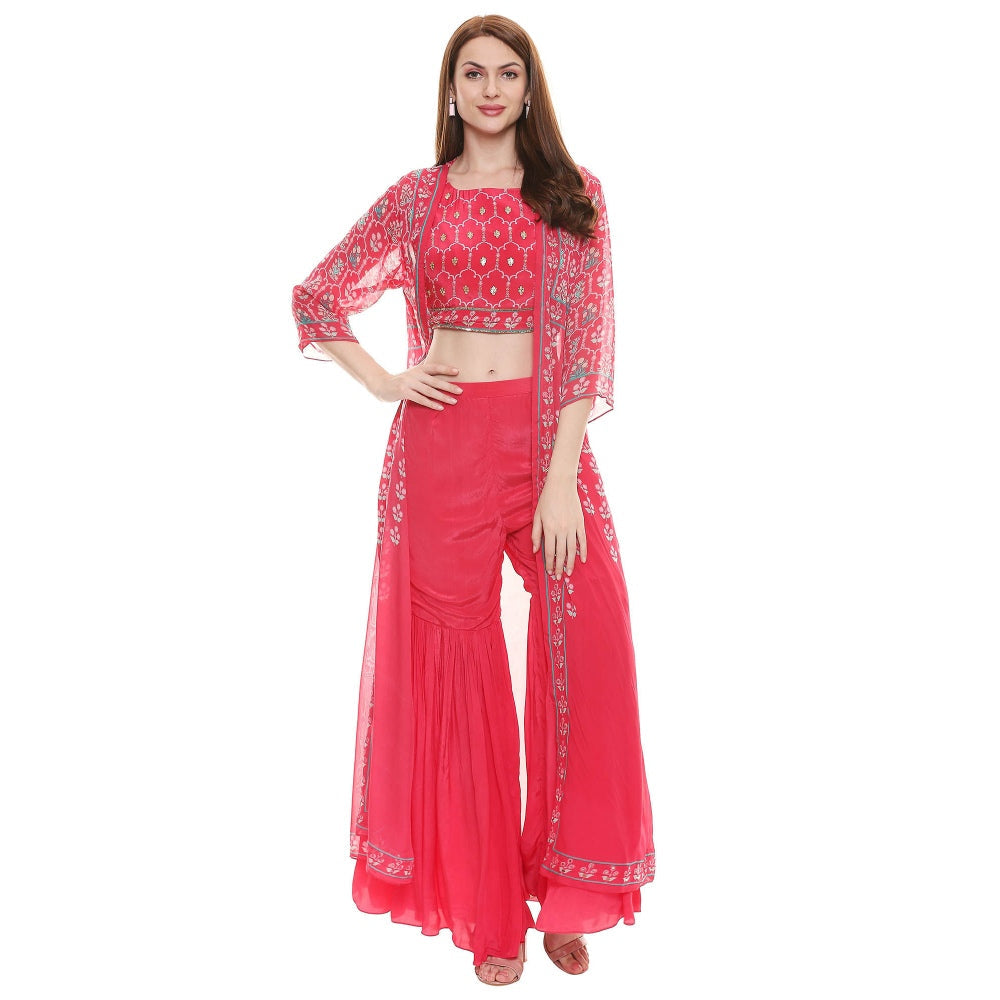 Soup by Sougat Paul Fuschia Embellished Bottom With Crop Top & Jacket (Set of 3)
