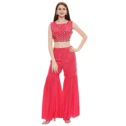 Soup by Sougat Paul Fuschia Embellished Bottom With Crop Top & Jacket (Set of 3)