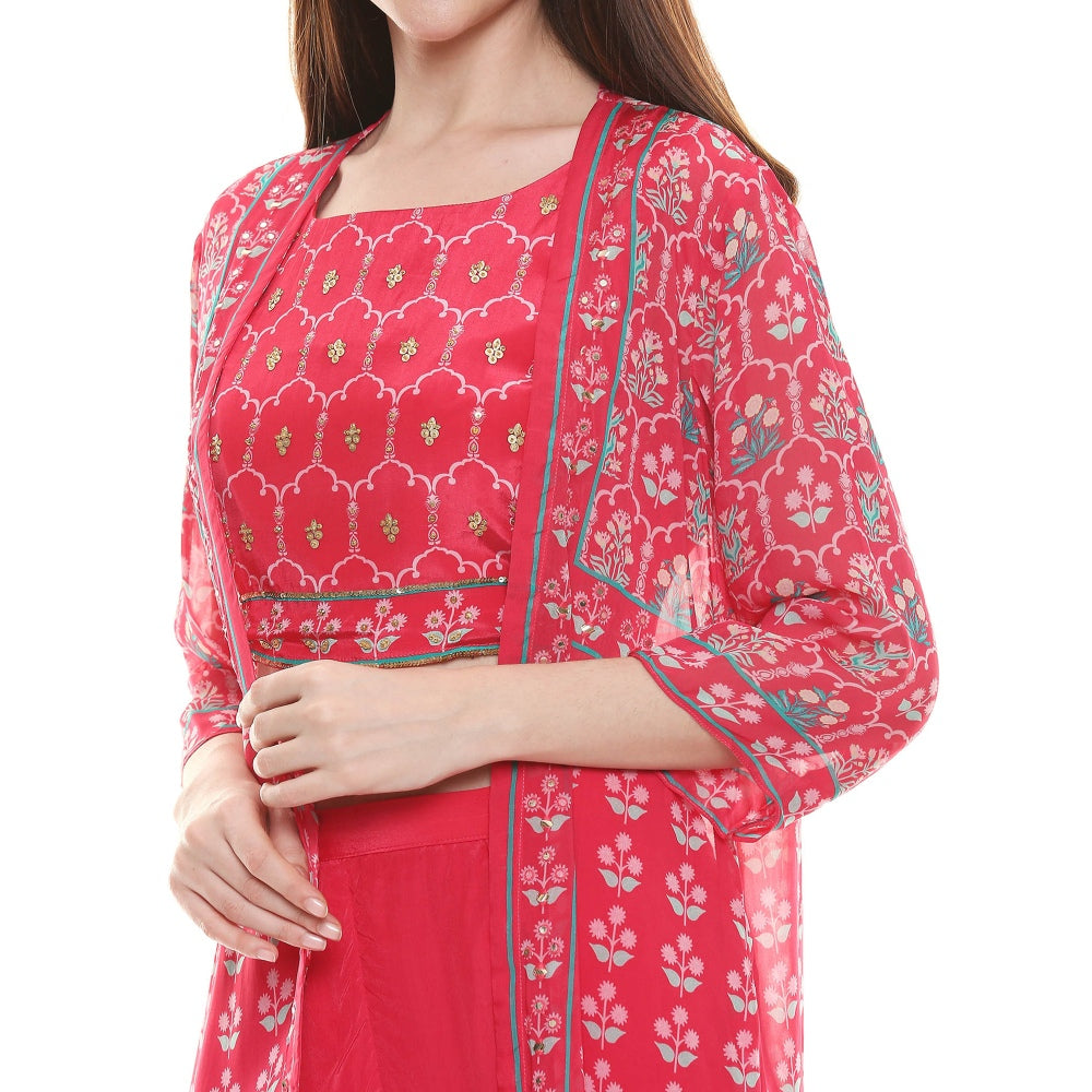 Soup by Sougat Paul Fuschia Embellished Bottom With Crop Top & Jacket (Set of 3)