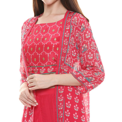 Soup by Sougat Paul Fuschia Embellished Bottom With Crop Top & Jacket (Set of 3)