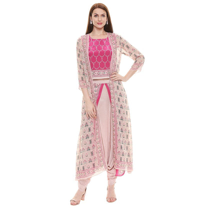 Soup by Sougat Paul Fuschia Printed Crop Top With Dhoti & Jacket (Set of 3)