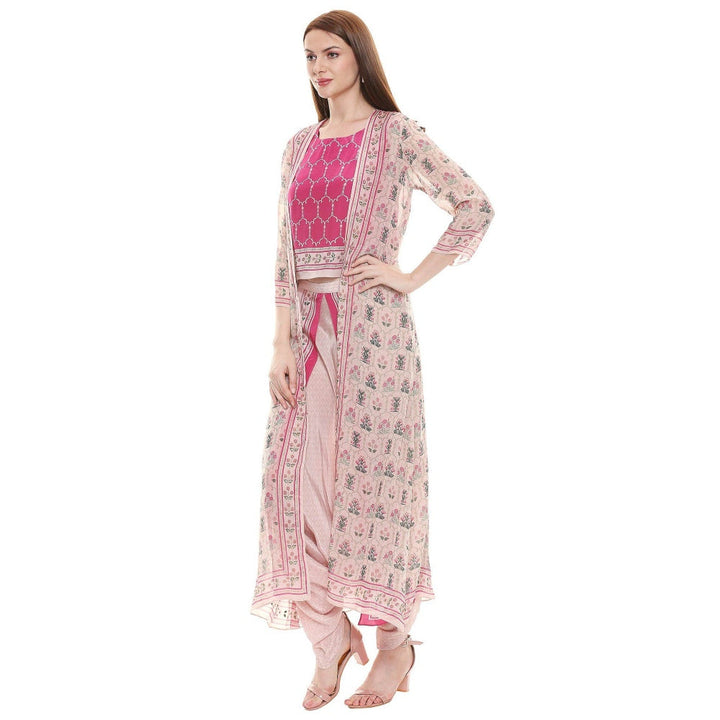 Soup by Sougat Paul Fuschia Printed Crop Top With Dhoti & Jacket (Set of 3)
