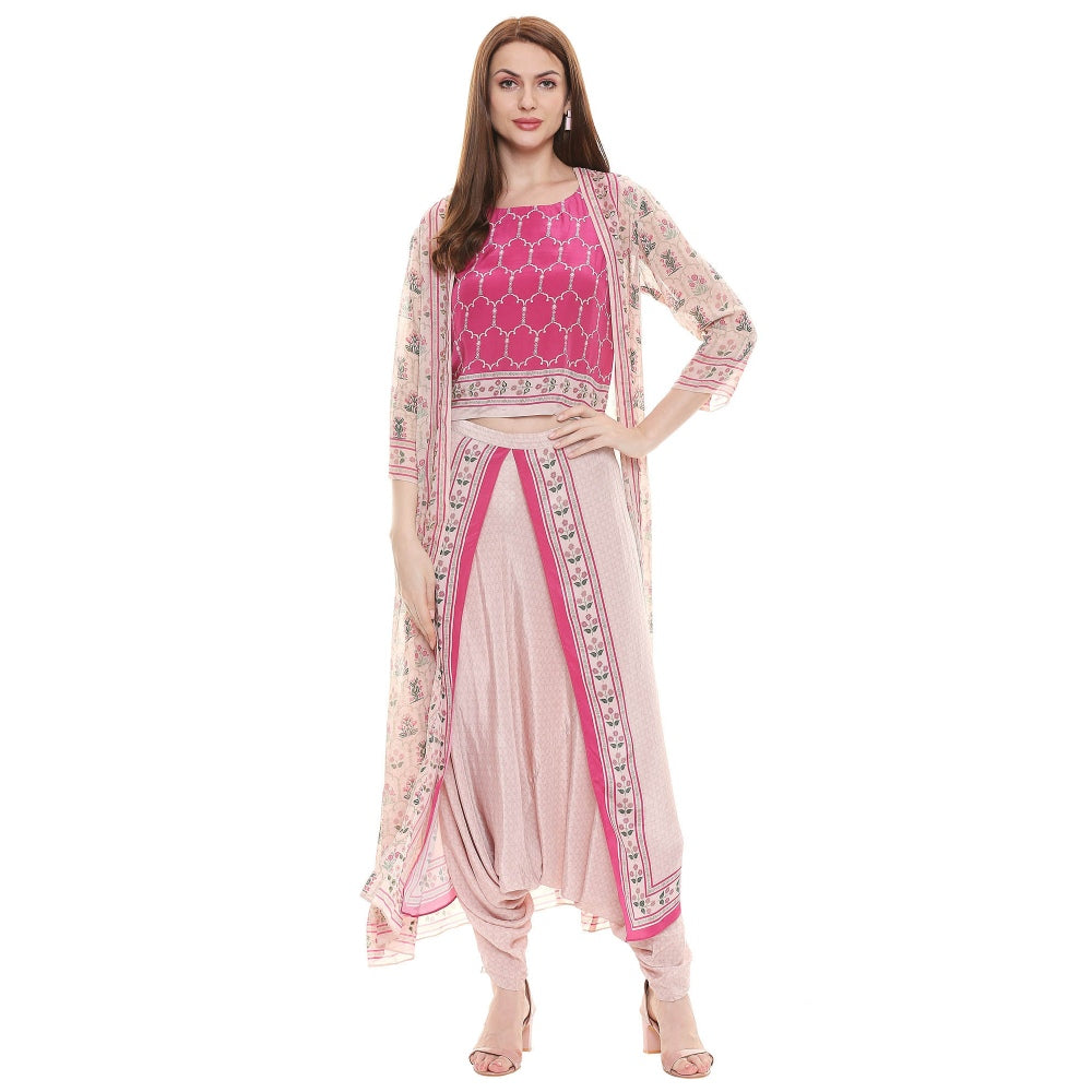 Soup by Sougat Paul Fuschia Printed Crop Top With Dhoti & Jacket (Set of 3)