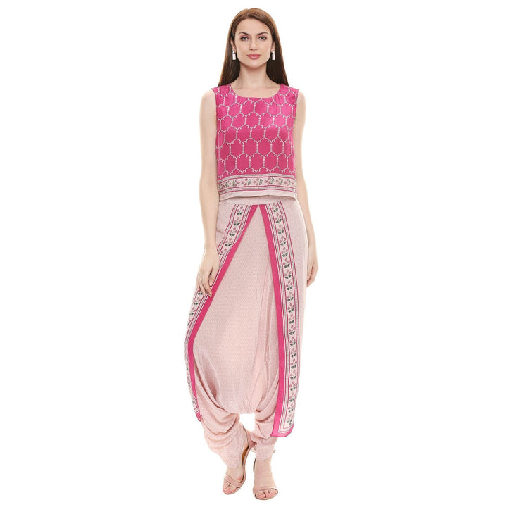 Soup by Sougat Paul Fuschia Printed Crop Top With Dhoti & Jacket (Set of 3)