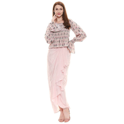Soup by Sougat Paul Dusk Pink Printed Drape Skirt With Top (Set of 2)