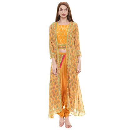 Soup by Sougat Paul Mustard Printed Crop Top With Dhoti & Jacket (Set of 3)