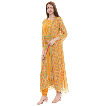 Soup by Sougat Paul Mustard Printed Crop Top With Dhoti & Jacket (Set of 3)