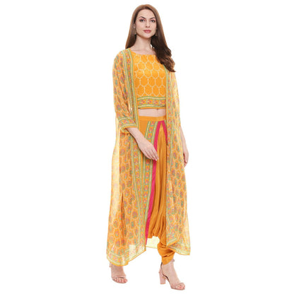 Soup by Sougat Paul Mustard Printed Crop Top With Dhoti & Jacket (Set of 3)