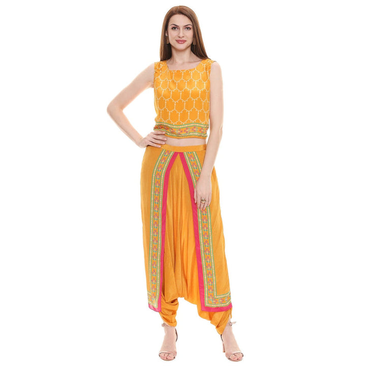 Soup by Sougat Paul Mustard Printed Crop Top With Dhoti & Jacket (Set of 3)