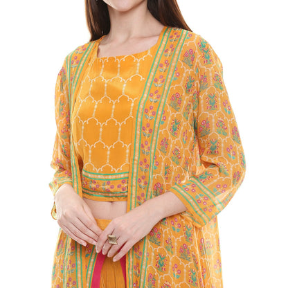 Soup by Sougat Paul Mustard Printed Crop Top With Dhoti & Jacket (Set of 3)