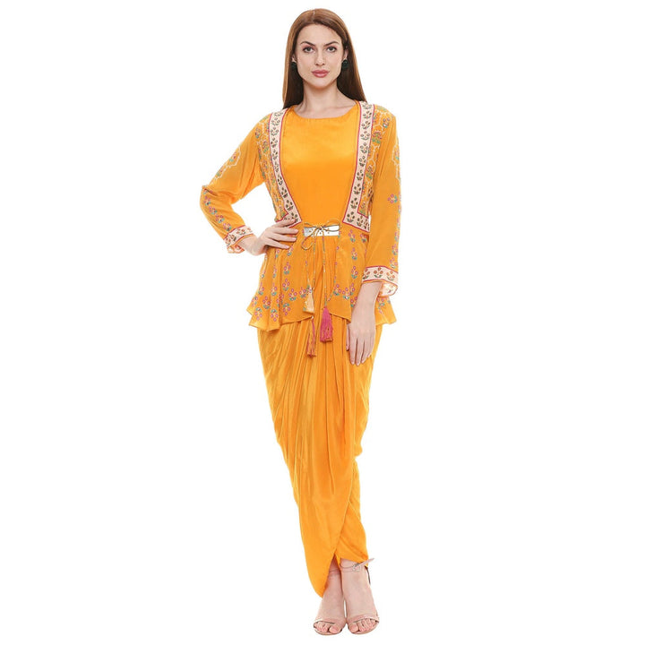 Soup by Sougat Paul Mustard Embroidered Dress With Jacket (Set of 2)