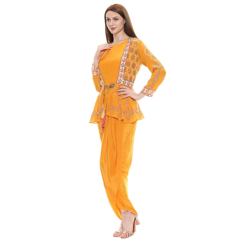 Soup by Sougat Paul Mustard Embroidered Dress With Jacket (Set of 2)