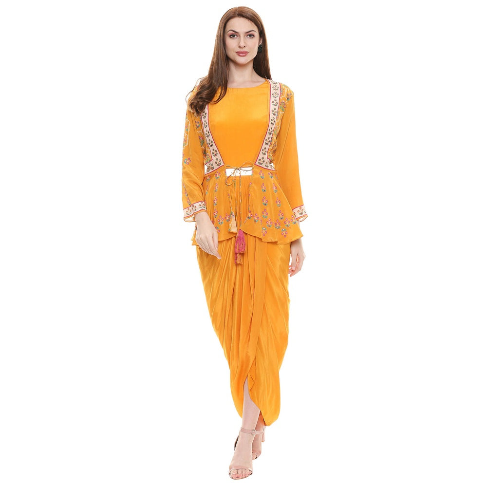 Soup by Sougat Paul Mustard Embroidered Dress With Jacket (Set of 2)