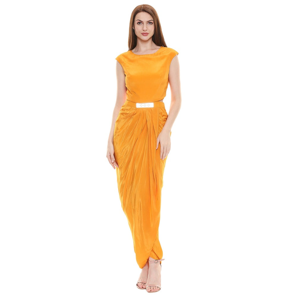 Soup by Sougat Paul Mustard Embroidered Dress With Jacket (Set of 2)