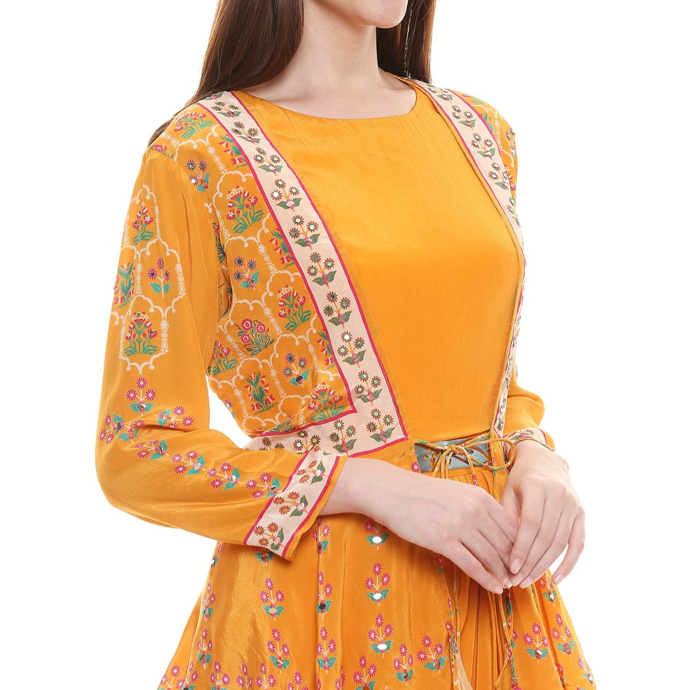 Soup by Sougat Paul Mustard Embroidered Dress With Jacket (Set of 2)