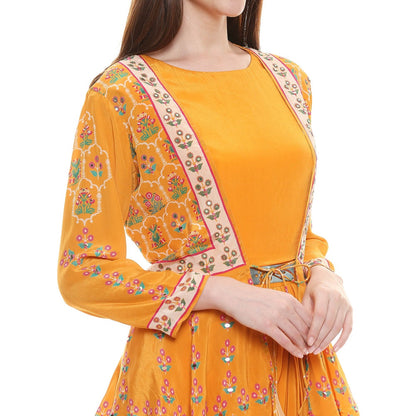 Soup by Sougat Paul Mustard Embroidered Dress With Jacket (Set of 2)