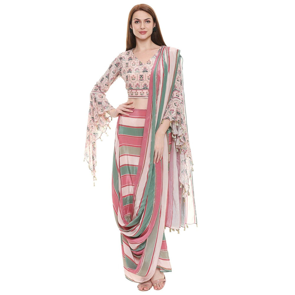 Soup by Sougat Paul Dusk Pink Printed Saree With Stitched Blouse