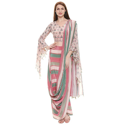 Soup by Sougat Paul Dusk Pink Printed Saree With Stitched Blouse
