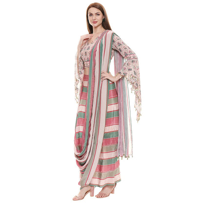 Soup by Sougat Paul Dusk Pink Printed Saree With Stitched Blouse