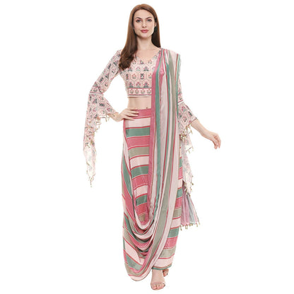 Soup by Sougat Paul Dusk Pink Printed Saree With Stitched Blouse