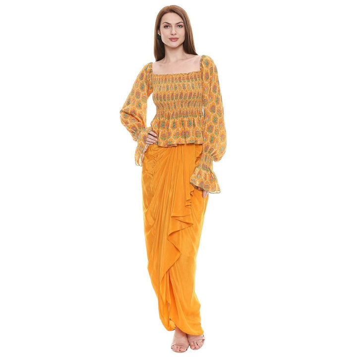 Soup by Sougat Paul Mustard Embroidered Drape Skirt With Top (Set of 2)