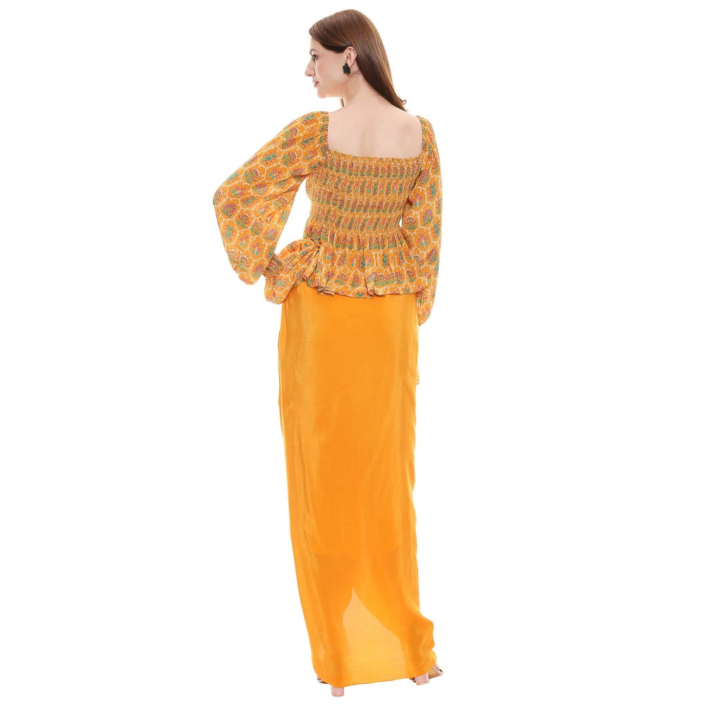 Soup by Sougat Paul Mustard Embroidered Drape Skirt With Top (Set of 2)