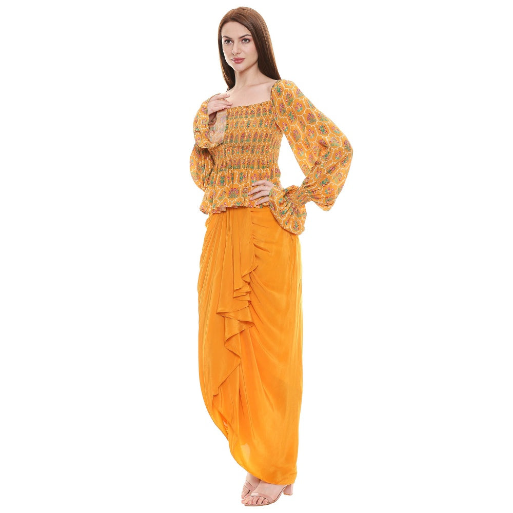 Soup by Sougat Paul Mustard Embroidered Drape Skirt With Top (Set of 2)