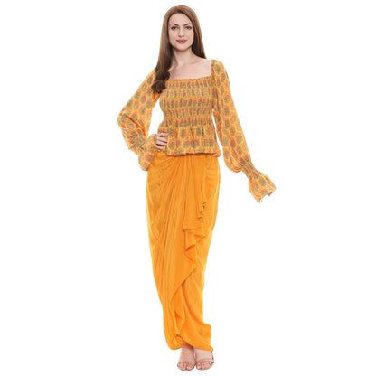 Soup by Sougat Paul Mustard Embroidered Drape Skirt With Top (Set of 2)