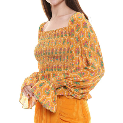 Soup by Sougat Paul Mustard Embroidered Drape Skirt With Top (Set of 2)