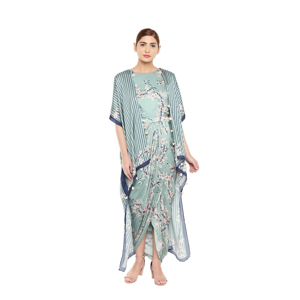 Soup by Sougat Paul Drape Dress With Long Asymmetrical Printed Cape- Customisable (Set of 2)