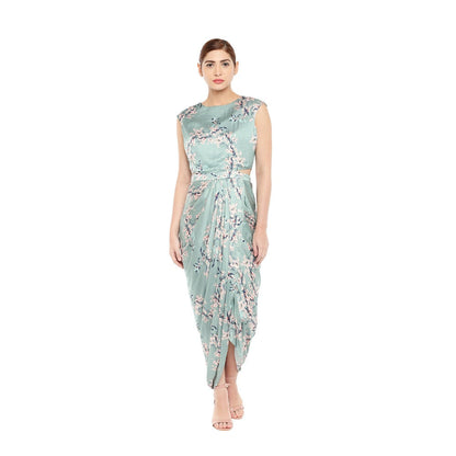 Soup by Sougat Paul Drape Dress With Long Asymmetrical Printed Cape- Customisable (Set of 2)