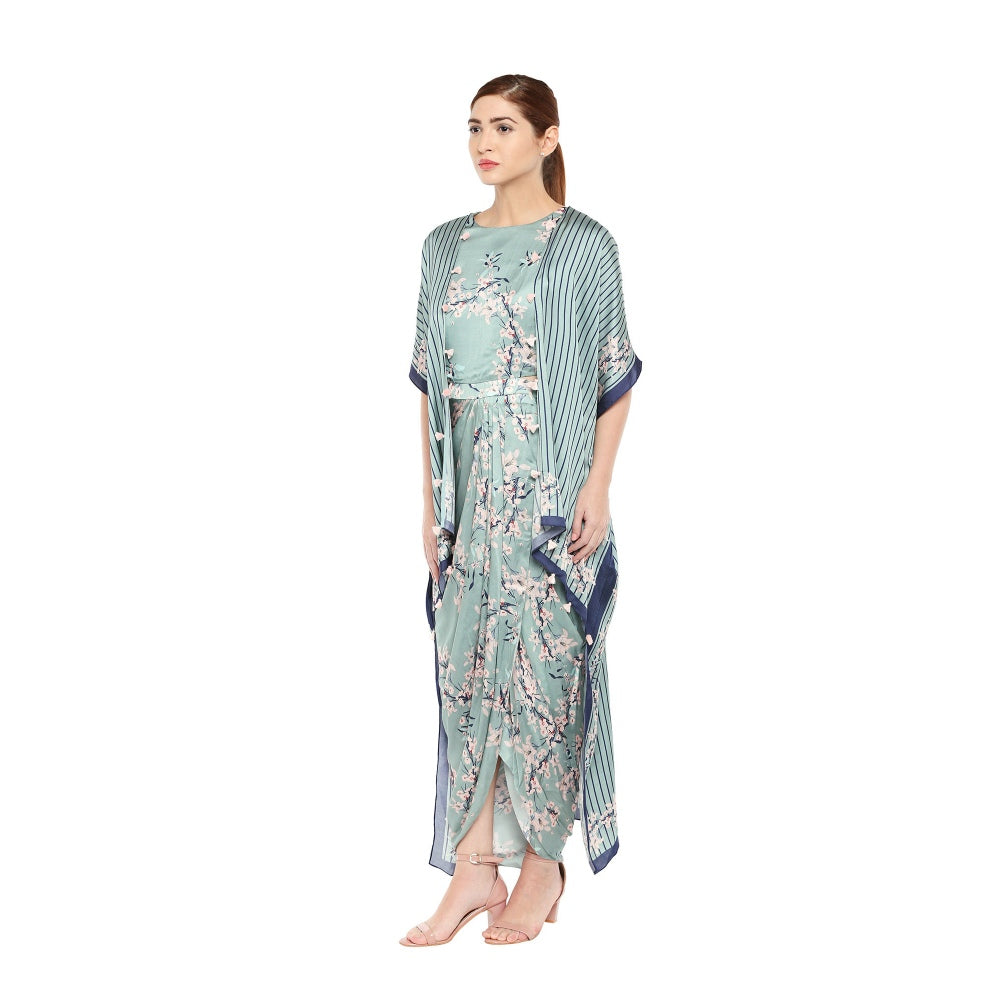 Soup by Sougat Paul Drape Dress With Long Asymmetrical Printed Cape- Customisable (Set of 2)