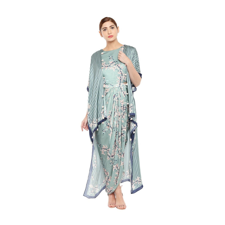 Soup by Sougat Paul Drape Dress With Long Asymmetrical Printed Cape- Customisable (Set of 2)