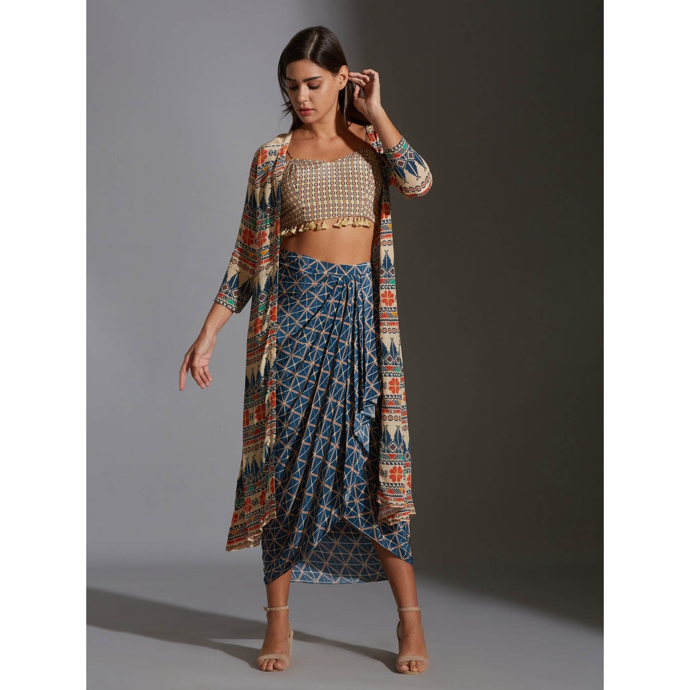 Soup By Sougat Paul Bustier With Tassel Detail With Dhoti Drape Skirt And Jacket (Set of 3)