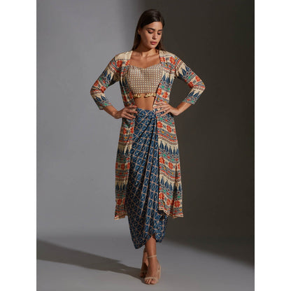 Soup By Sougat Paul Bustier With Tassel Detail With Dhoti Drape Skirt And Jacket (Set of 3)