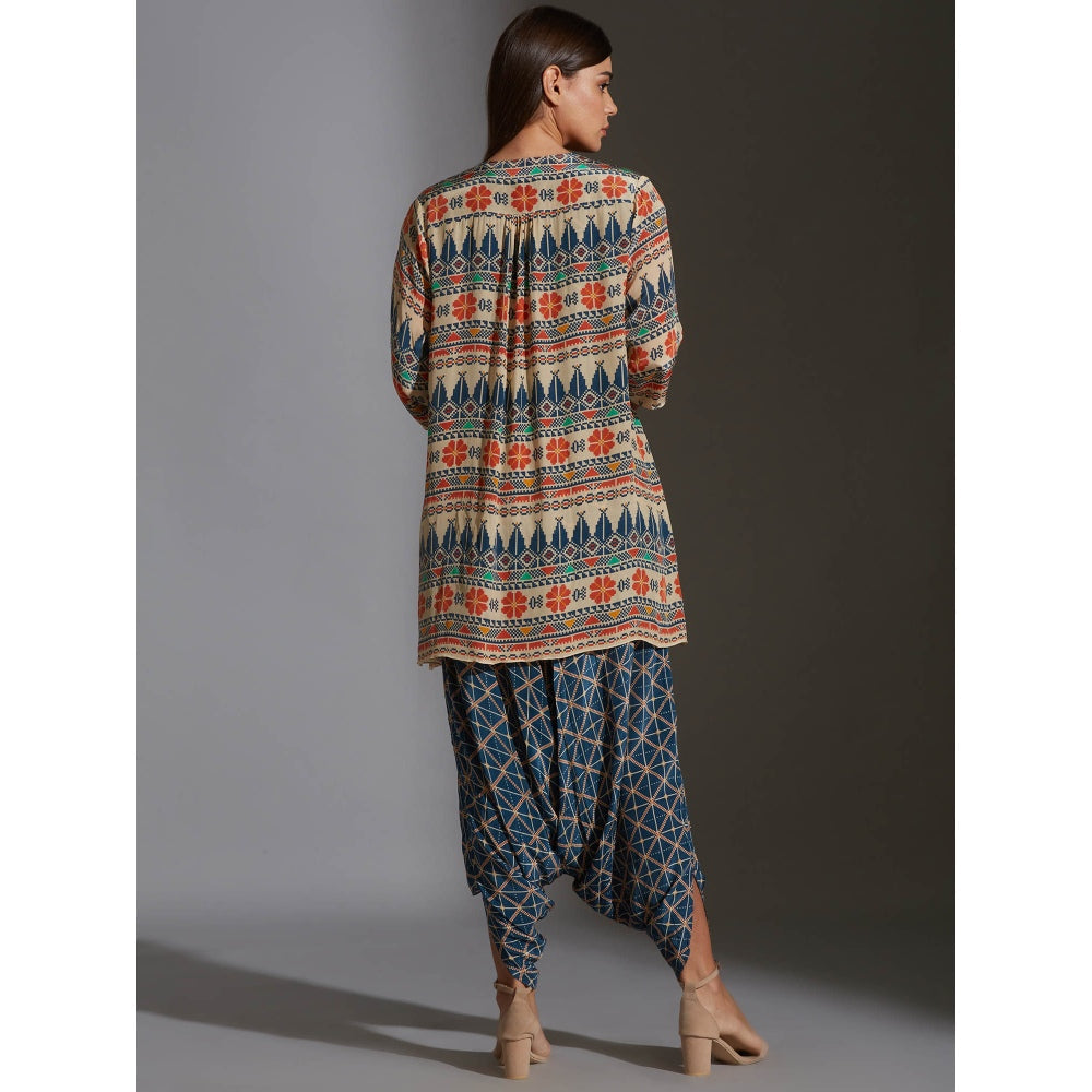 Soup By Sougat Paul Printed Dhoti Jumpsuit Paired With Printed Jacket And Tassel Details (Set of 2)