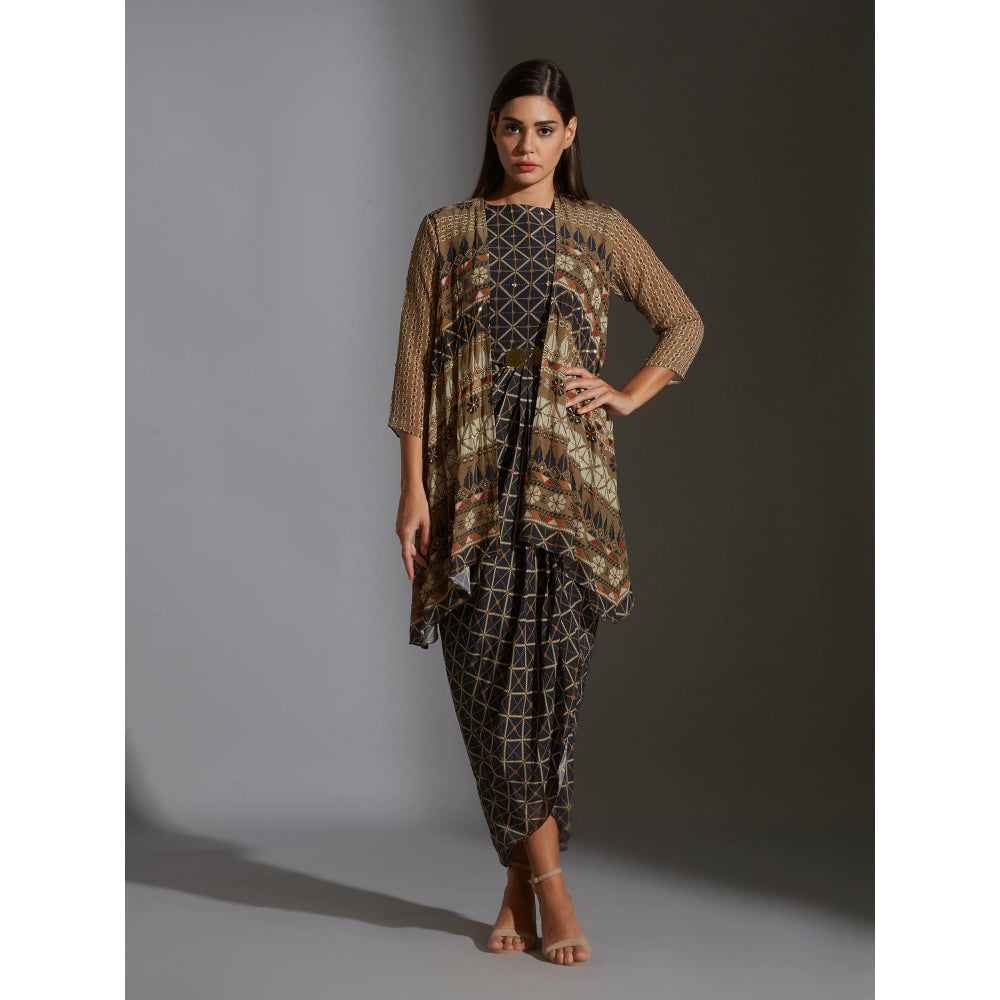 Soup By Sougat Paul Printed Dhoti Dress With Side Cuts Paired With Printed Jacket (Set of 2)