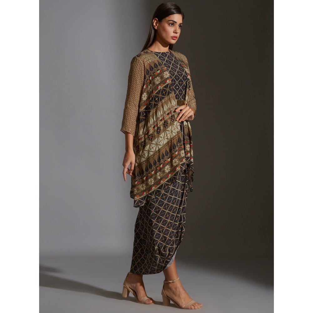 Soup By Sougat Paul Printed Dhoti Dress With Side Cuts Paired With Printed Jacket (Set of 2)