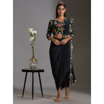 Soup By Sougat Paul Drape Saree With Cutwork Embroidery Paired With V Neck Blouse (Set of 2)