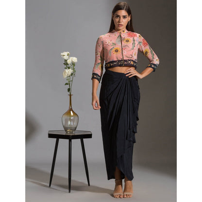 Soup By Sougat Paul Bomber Printed Jacket With Zipper With Drape Skirt (Set of 2)