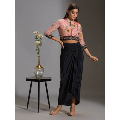 Soup By Sougat Paul Bomber Printed Jacket With Zipper With Drape Skirt (Set of 2)