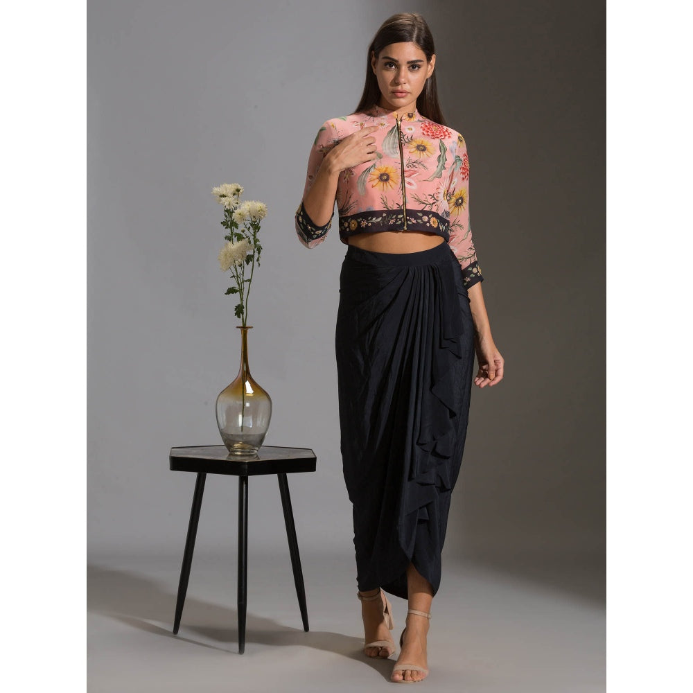 Soup By Sougat Paul Bomber Printed Jacket With Zipper With Drape Skirt (Set of 2)