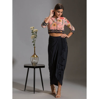 Soup By Sougat Paul Bomber Printed Jacket With Zipper With Drape Skirt (Set of 2)