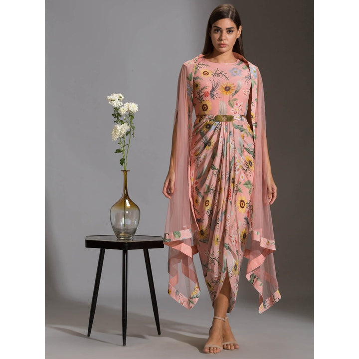 Soup By Sougat Paul Drape Dress With Side Cut Paired With Net Cape (Set of 2)