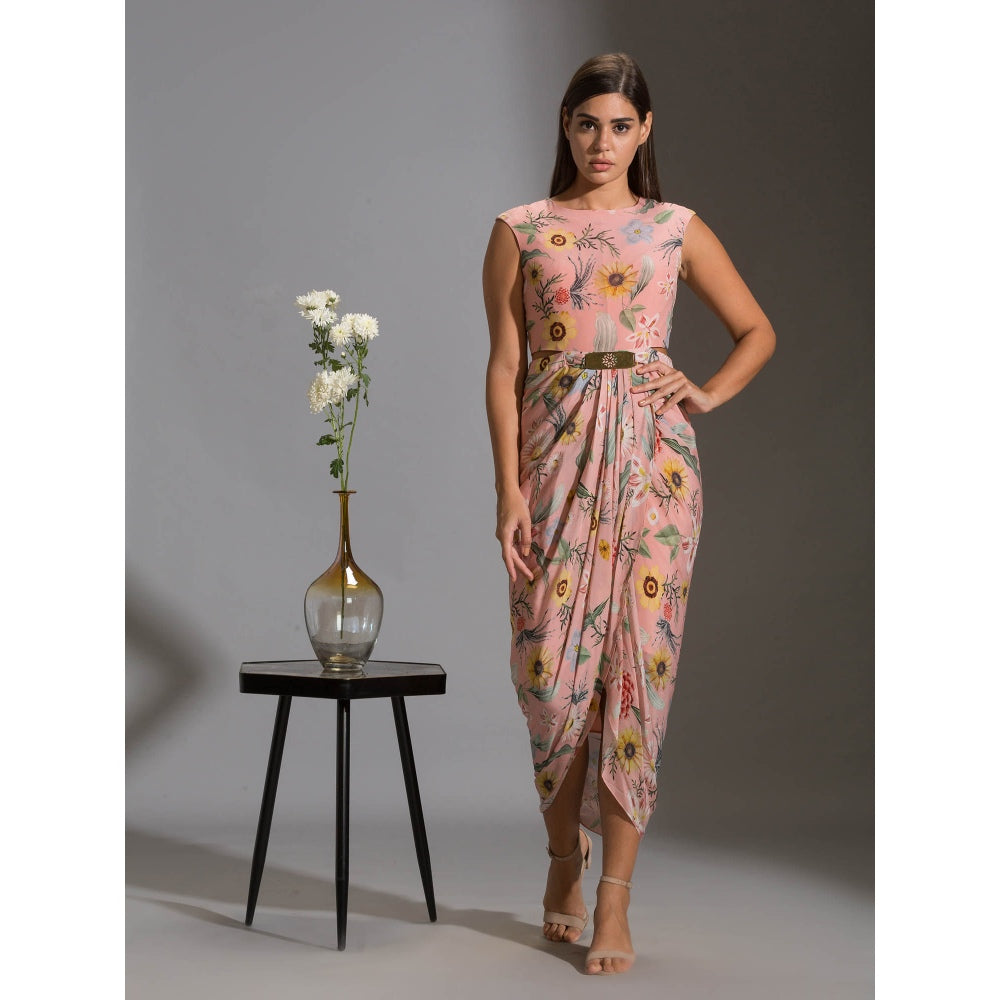 Soup By Sougat Paul Drape Dress With Side Cut Paired With Net Cape (Set of 2)