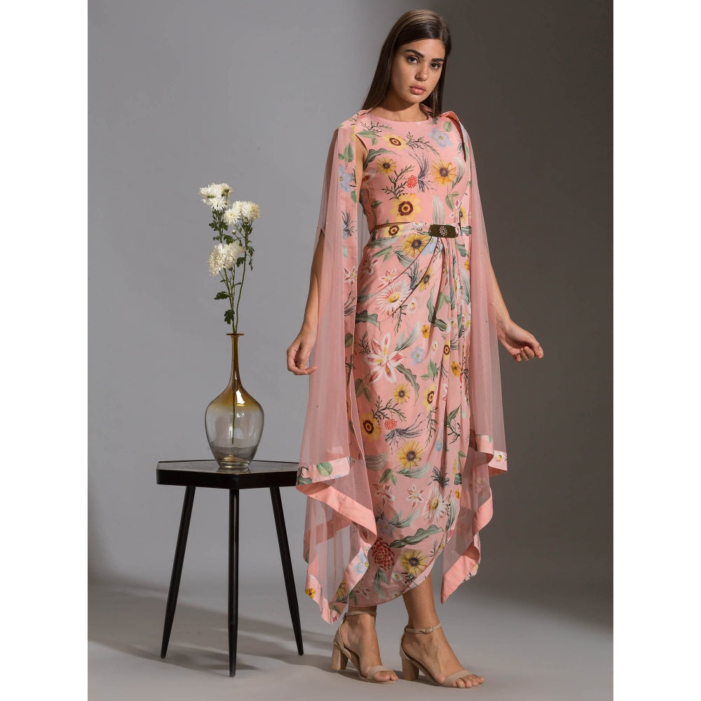 Soup By Sougat Paul Drape Dress With Side Cut Paired With Net Cape (Set of 2)