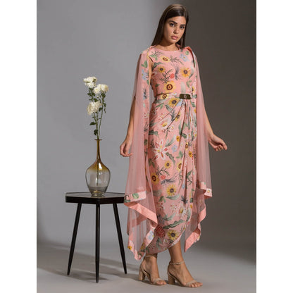 Soup By Sougat Paul Drape Dress With Side Cut Paired With Net Cape (Set of 2)