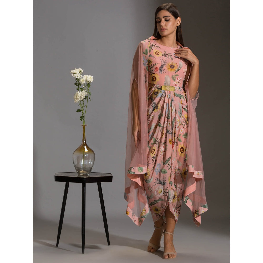 Soup By Sougat Paul Drape Dress With Side Cut Paired With Net Cape (Set of 2)