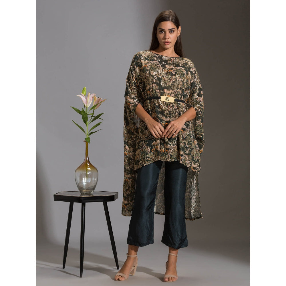 Soup By Sougat Paul Kaftaan Printed Sequence Top With Belt With Bottle Green Pants (Set of 3)